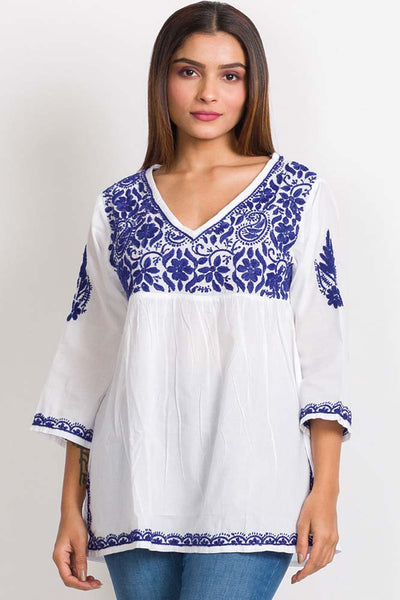 Top - Ramani Embroidered Cotton Top - Girl Intuitive - Sevya - S/M / Blue