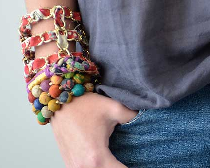 bracelet - Kantha Fabric Bauble Stretch Bracelet - Girl Intuitive - WorldFinds -
