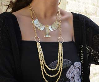 Necklace - Three-Tiered Pailette Gold Metal Beaded Long Necklace - Girl Intuitive - WorldFinds -