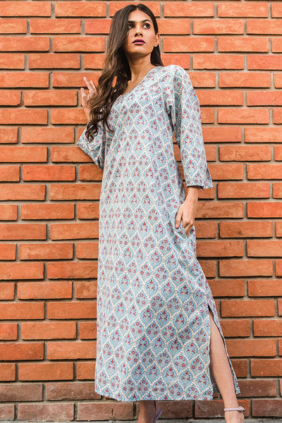 Kaftan - Sevya Manisha Block Print Caftan Light Blue - Girl Intuitive - Sevya -