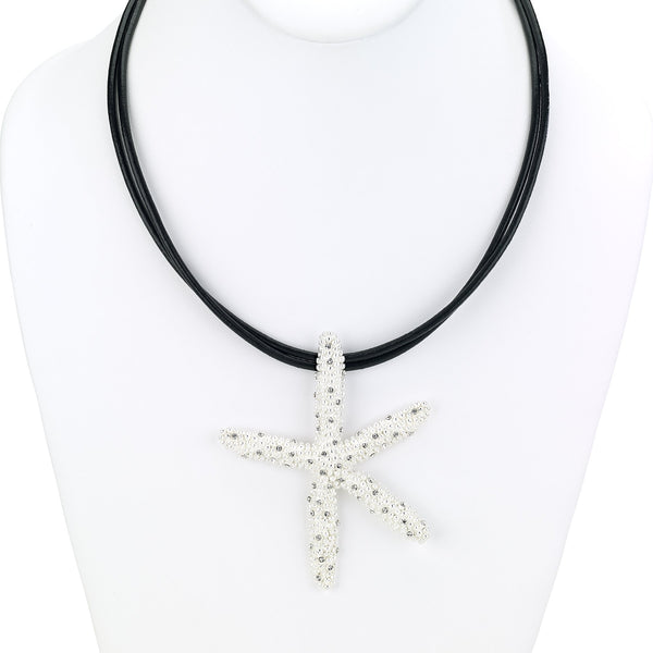Necklace - Short Leather Necklace with Starfish Pendant - Girl Intuitive - Island Imports - 16" / Silver / Leather