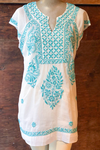 Tunic - Short Sleeve Embroidered Tunic Top - Girl Intuitive - Dolma - S / Turquoise