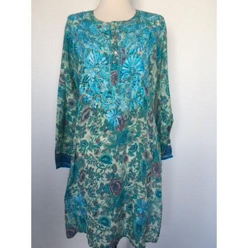 Tunic - Silk Long Tunic in Turquoise Embroidery - Girl Intuitive - Dolma -