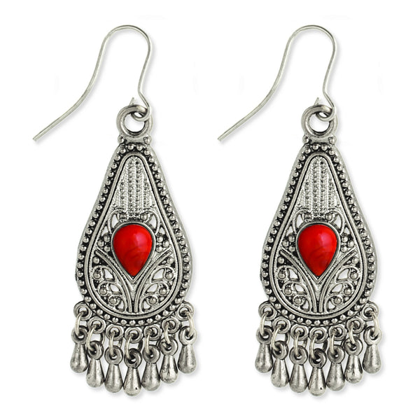 earrings - Silver Filigree Teardrop Earring - Girl Intuitive - zad - Red