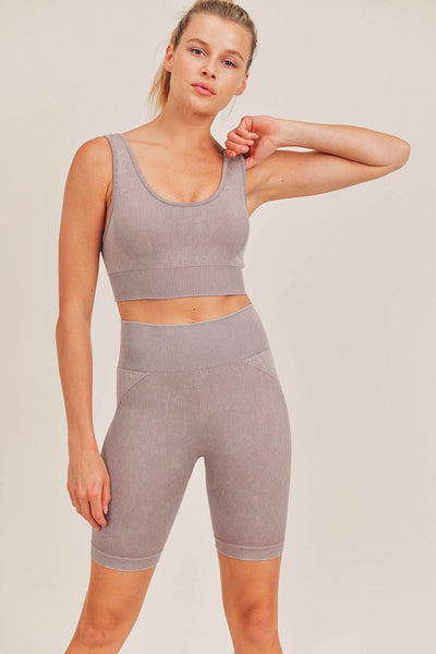 Sports Bra - Mono B Spliced Mineral-Washed Seamless Ribbed Sports Bra - Girl Intuitive - Mono B - S / Beige