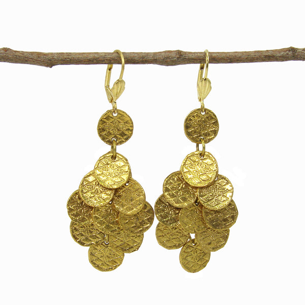 earrings - Stamped Disc Chandelier Earrings in Gold - Girl Intuitive - WorldFinds -