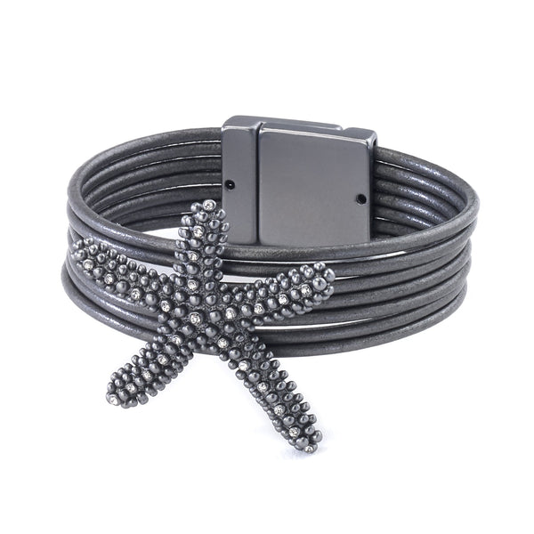 bracelet - Starfish Leather Cuff Bracelet - Girl Intuitive - Island Imports - Black / Leather