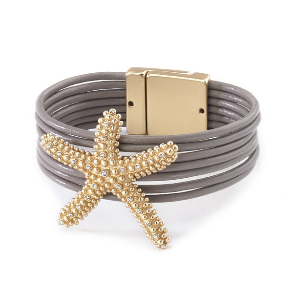 bracelet - Starfish Leather Cuff Bracelet - Girl Intuitive - Island Imports - Gold / Leather