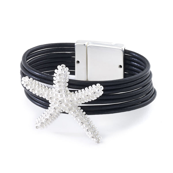 bracelet - Starfish Leather Cuff Bracelet - Girl Intuitive - Island Imports - Silver / Leather