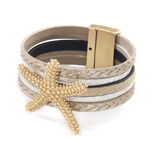 bracelet - Starfish Mixed Leather Bracelet - Girl Intuitive - Island Imports - Gold / Leather