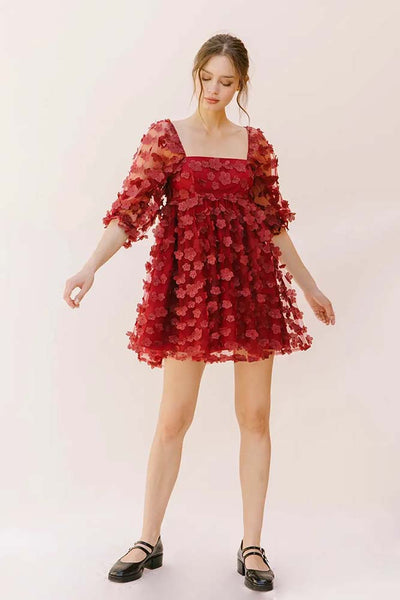 Dresses - Storia Daisies Applique Baby Doll Mini Dress in Red Floral - Girl Intuitive - Storia -