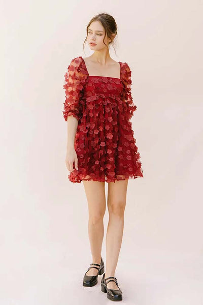 Dresses - Storia Daisies Applique Baby Doll Mini Dress in Red Floral - Girl Intuitive - Storia -