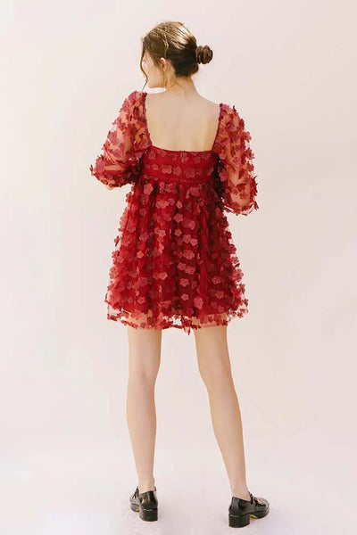 Dresses - Storia Daisies Applique Baby Doll Mini Dress in Red Floral - Girl Intuitive - Storia -