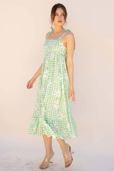 Dresses - Storia Gingham and Large Daisy Print Midi Baby Doll Dress - Girl Intuitive - Storia -