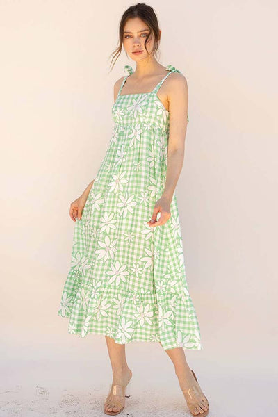Dresses - Storia Gingham and Large Daisy Print Midi Baby Doll Dress - Girl Intuitive - Storia -