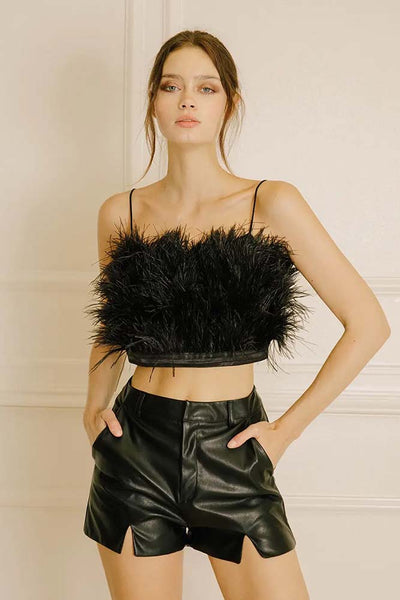 Top - Storia Feathered and Satin Crop Top - Girl Intuitive - Storia - S / Black