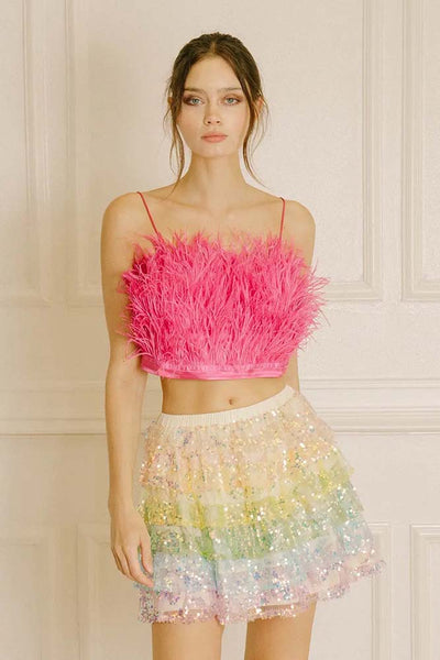 Top - Storia Feathered and Satin Crop Top - Girl Intuitive - Storia - S / Pink