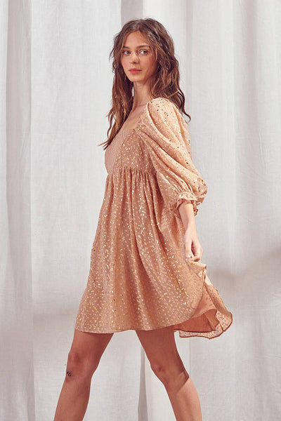 Dresses - Storia Gold Flaked Embroidered Dots Baby Doll Mini Dress - Girl Intuitive - Storia -