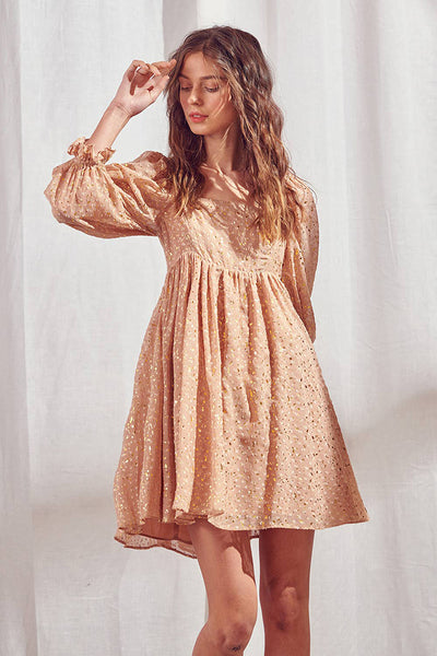 Dresses - Storia Gold Flaked Embroidered Dots Baby Doll Mini Dress - Girl Intuitive - Storia -