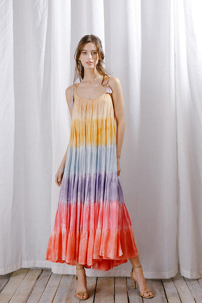 Storia Rainbow Tie dye Color Block Maxi Dress Warm Bright