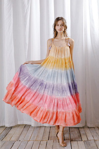 Dresses - Storia Rainbow Tie-dye Color Block Maxi Dress Warm Bright - Girl Intuitive - Storia -