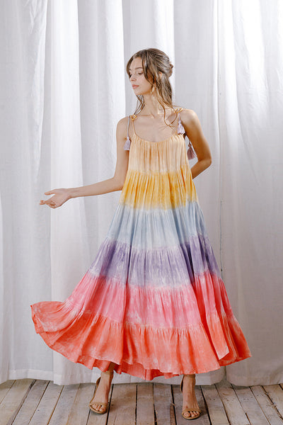 Dresses - Storia Rainbow Tie-dye Color Block Maxi Dress Warm Bright - Girl Intuitive - Storia -