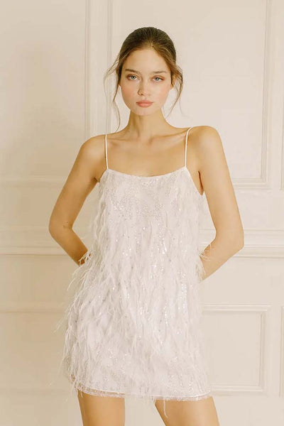 Dresses - Storia Sequined Beaded Flowers and Feather Mini Dress - Girl Intuitive - Storia -