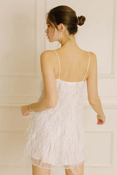 Dresses - Storia Sequined Beaded Flowers and Feather Mini Dress - Girl Intuitive - Storia -