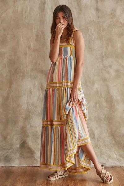 Dresses - Straight Neck Shoulder Tie Multi Color Stripe Maxi Dress - Girl Intuitive - By Together -