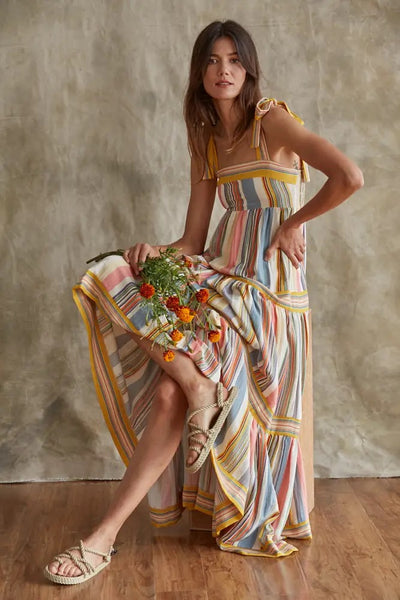 Dresses - Straight Neck Shoulder Tie Multi Color Stripe Maxi Dress - Girl Intuitive - By Together -