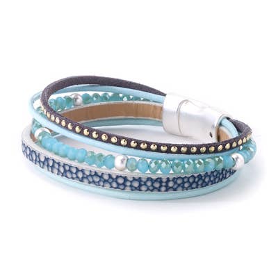 bracelet - Thin Aqua Bead Leather Bracelet - Girl Intuitive - Island Imports -
