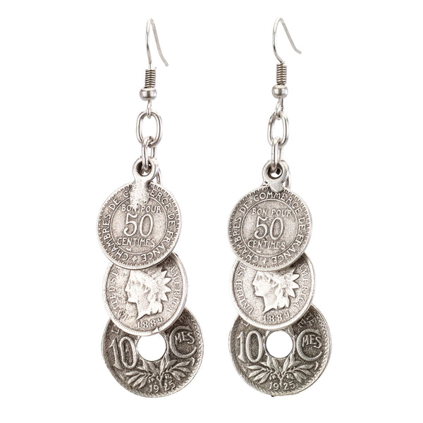 earrings - Three Tiered Antique Coin Earrings - Girl Intuitive - Island Imports -