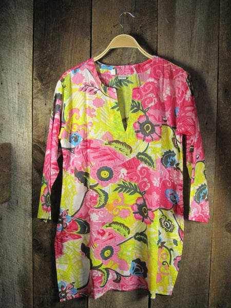 Tunic - Cotton Tunic Top in Lime and Pink - Girl Intuitive - Nusantara -