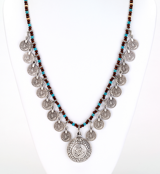 Necklace - Turquoise Beaded Coin Long Necklace - Girl Intuitive - Island Imports -