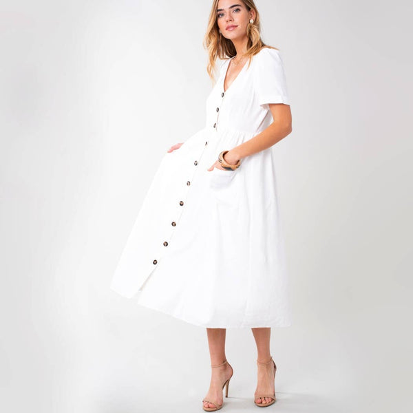 Dresses - White Linen Button-Down Midi Dress with Pocket - Girl Intuitive - Avenue Zoe -