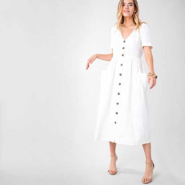 Dresses - White Linen Button-Down Midi Dress with Pocket - Girl Intuitive - Avenue Zoe -