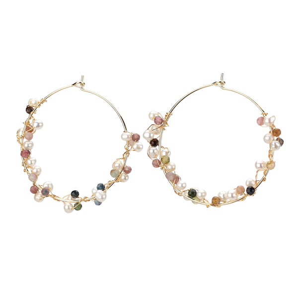 earrings - Wire Wrap Pearl Beaded Hoop Earrings - Girl Intuitive - Island Imports -