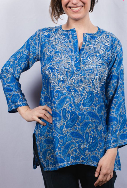 Tunic - Women's Embroidered Cotton Tunic Top in French Blue - Girl Intuitive - Dolma -