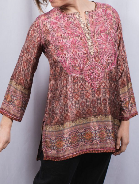 Tunic - Women's Embroidered Silk Tunic Top in Burgundy - Girl Intuitive - Dolma -