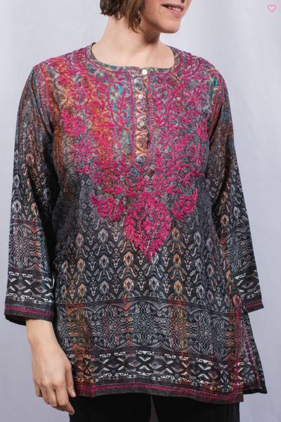 Tunic - Women's Embroidered Silk Tunic Top in Fuchsia - Girl Intuitive - Dolma -