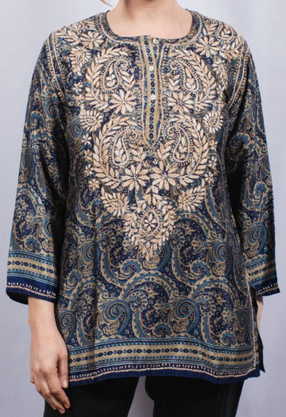 Tunic - Women's Embroidered Silk Tunic Top in Navy - Girl Intuitive - Dolma -