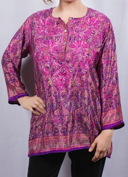 Tunic - Women's Embroidered Silk Tunic Top in Purple - Girl Intuitive - Dolma -