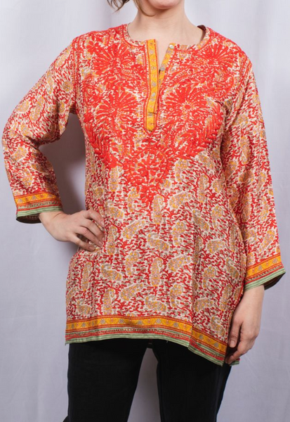 Tunic - Dolma Women's Embroidered Silk Tunic Top in Red - Girl Intuitive - Dolma -