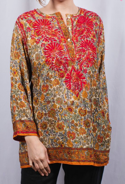 Tunic - Women's Embroidered Silk Tunic Top in Red - Girl Intuitive - Dolma -