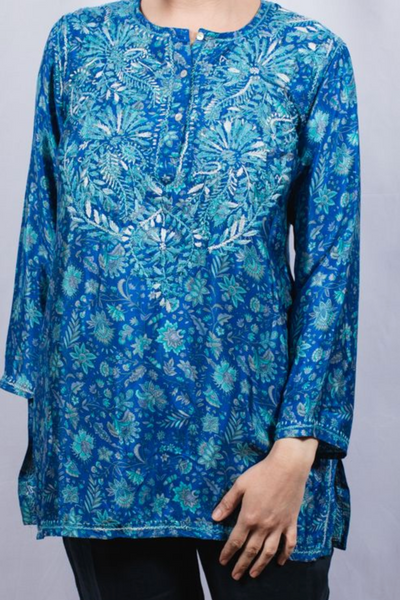 Tunic - Women's Embroidered Silk Tunic Top in Turquoise Blue - Girl Intuitive - Dolma -