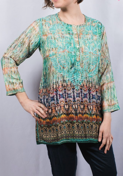 Tunic - Women's Embroidered Silk Tunic Top in Turquoise - Girl Intuitive - Dolma -