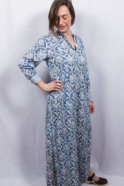 Kaftan - Ezra Wood-Block Printed Maxi Kaftan Dress - Girl Intuitive - Dolma - S / Blue