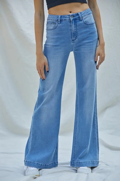 Jeans - Woven Denim Wide Leg High Rise Medium Wash Pants - Girl Intuitive - By Together -