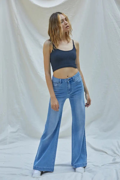 Jeans - Woven Denim Wide Leg High Rise Medium Wash Pants - Girl Intuitive - By Together -