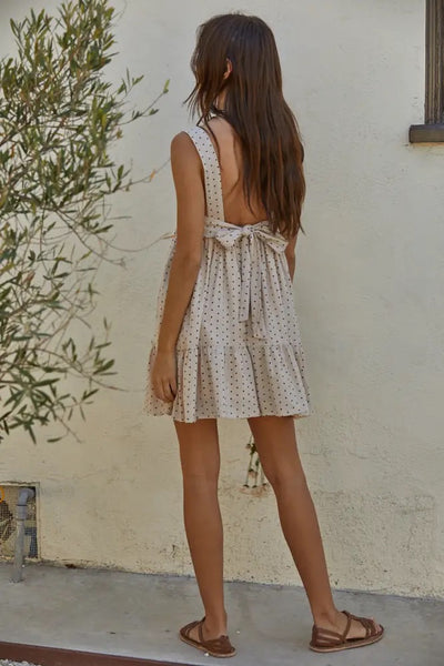 Woven Polka Dot Print Back Tie Ruffle Mini Dress